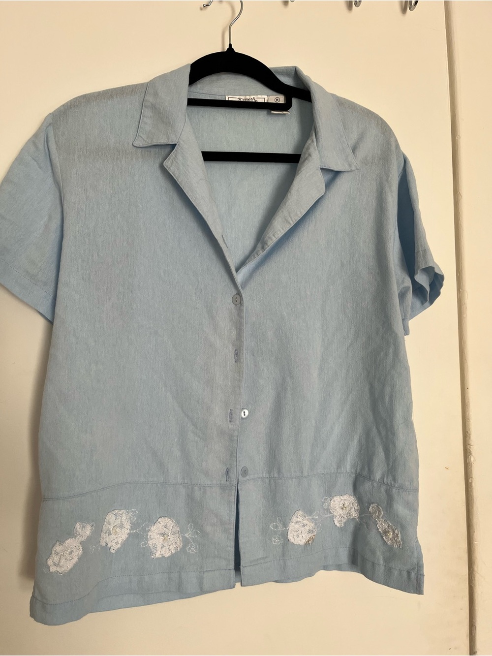 Light Blue Short-Sleeve Button Front Top with Embroidered Hem